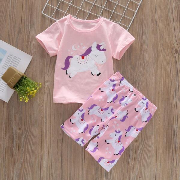 

Toddler Girls Unicorn Print Tee With Pants, Pink