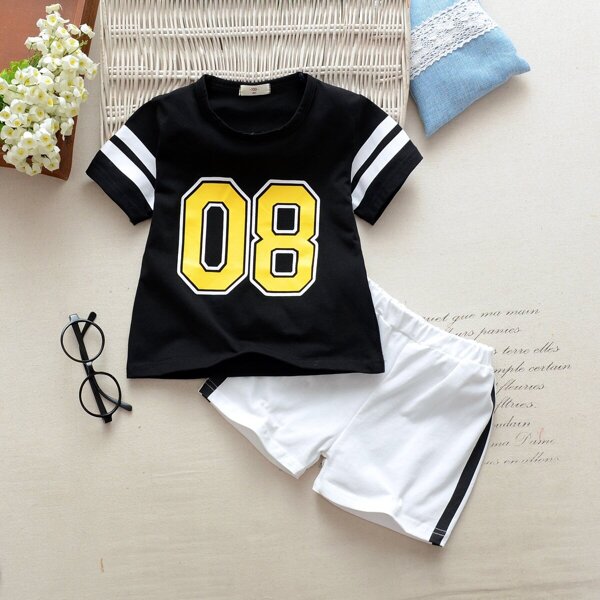 

Toddler Boys Letter Print Tee With Side Stripe Track Shorts, Black and white