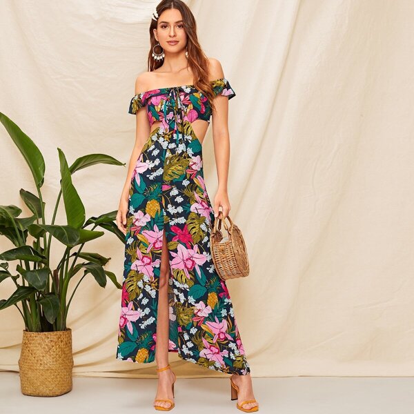 

Floral Off Shoulder Cut Out Split Dress, Multicolor