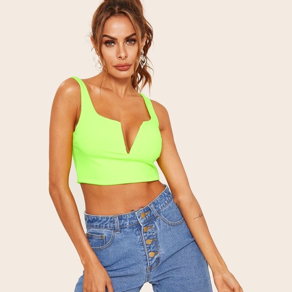 

Neon-lime Zip Detail V-neck Crop Top