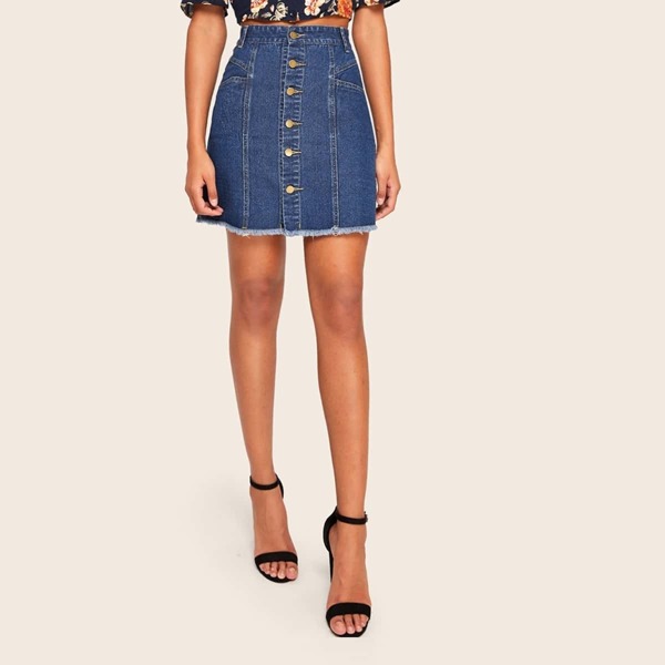 

Raw Hem Single Breasted Denim Skirt