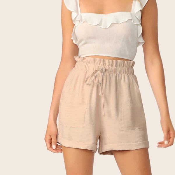 

Drawstring Paperbag Waist Pocket Side Shorts