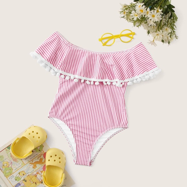 Girls Striped Pom Pom Trim Flounce One Piece Swimwear