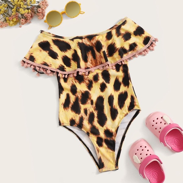 

Girls Leopard Pom Pom Trim Flounce One Piece Swimwear