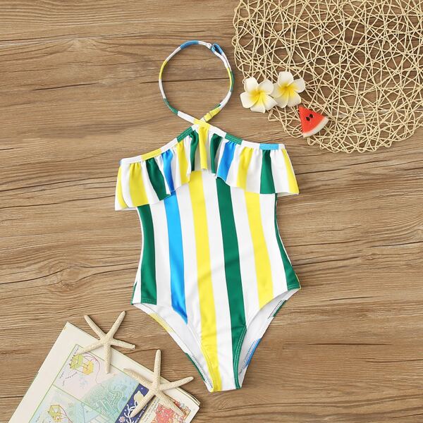 

Girls Striped Halter Ruffle One Piece Swimwear
