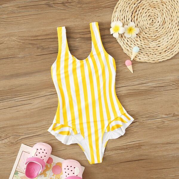 

Girls Striped Ruffle Hem One Piece Swimwear