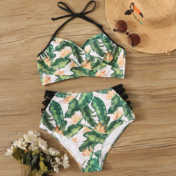 

Random Jungle Print Wrap Top With Ladder-Cut Bikini
