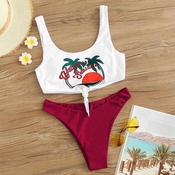 

Tropical & Letter Print Mix and Match Bikini