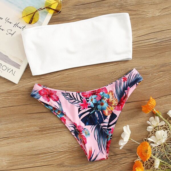 

Ribbed Bandeau With Random Tropical Print Bikini Set
