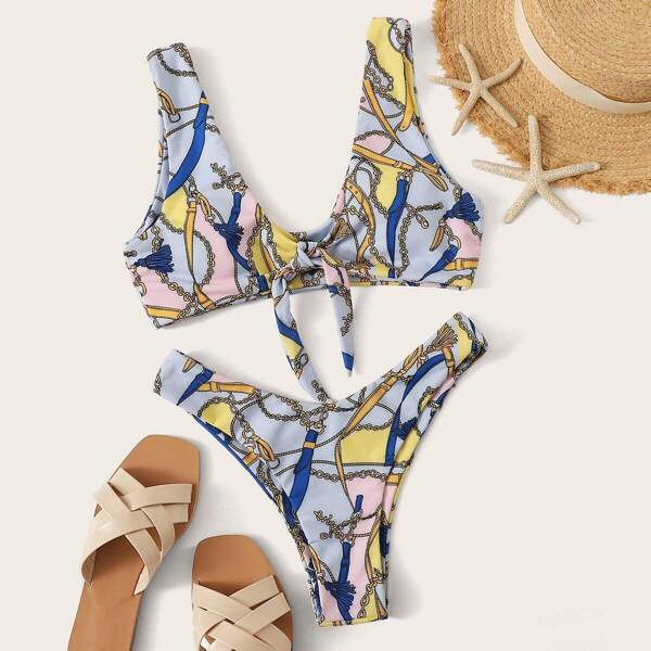 

Random Chain Print Top With High Cut Bikini Set