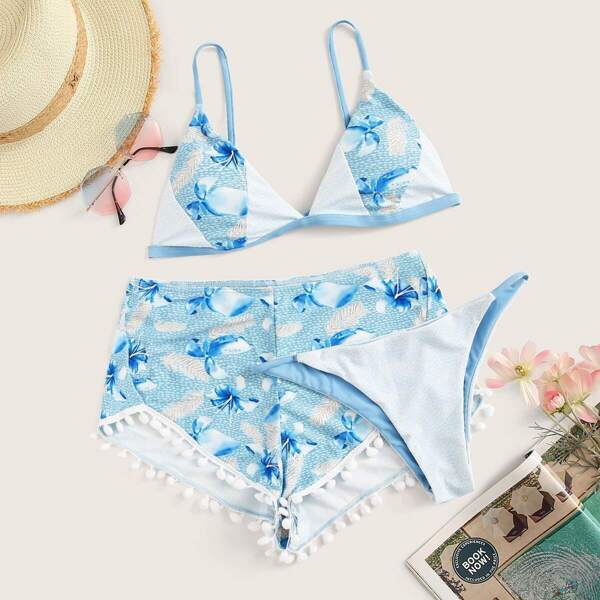

Floral Triangle Bikini Set With Shorts 3pack, Baby blue