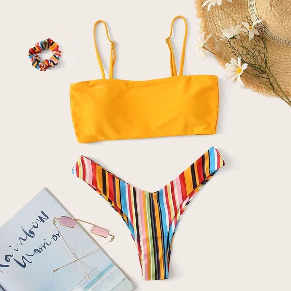 

Cami Top With Rainbow Striped High Cut Bikini