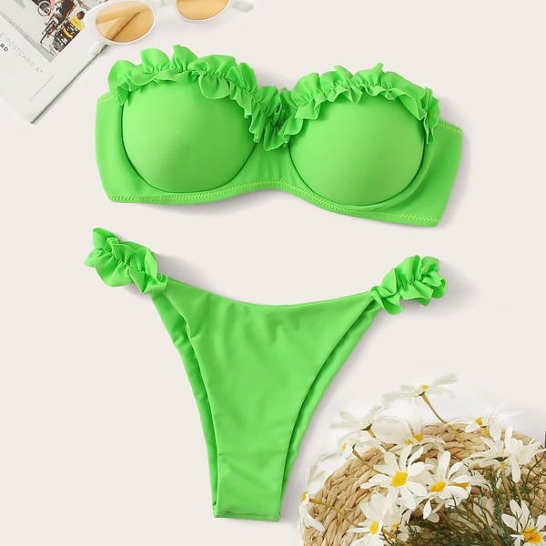 

Frill Trim Underwired Bandeau Bikini Set, Green bright