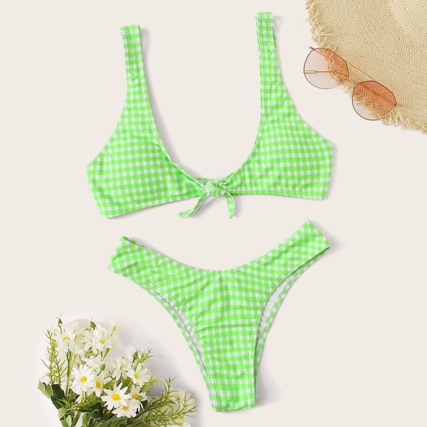 

Gingham Tie Front Top With High Leg Bikini, Green