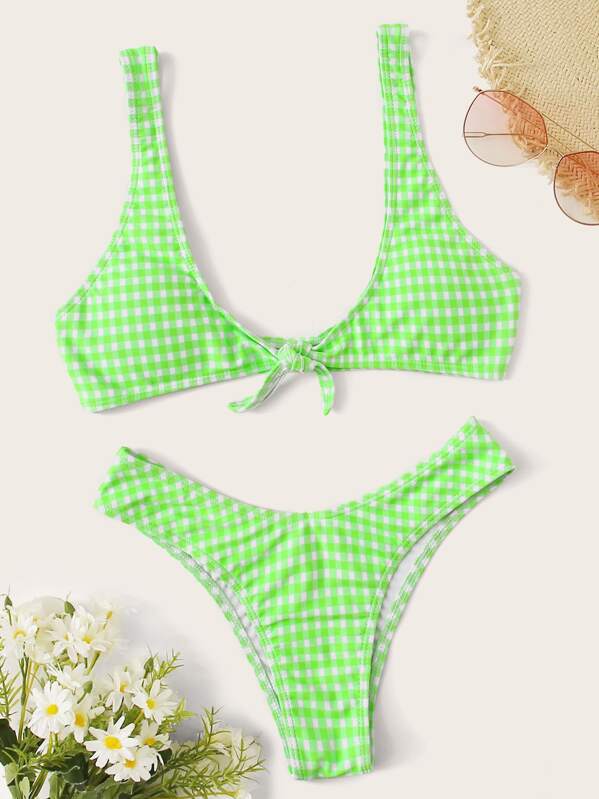 

Gingham Tie Front Top With High Leg Bikini, Green
