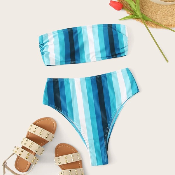 

Striped Ruched Bandeau With High Waist Bikini Set