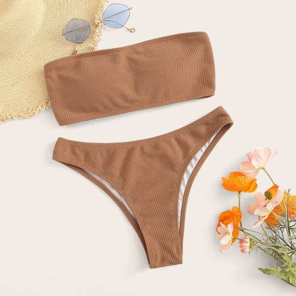 

Ribbed Lace-up Bandeau With High Cut Bikini Set, Brown