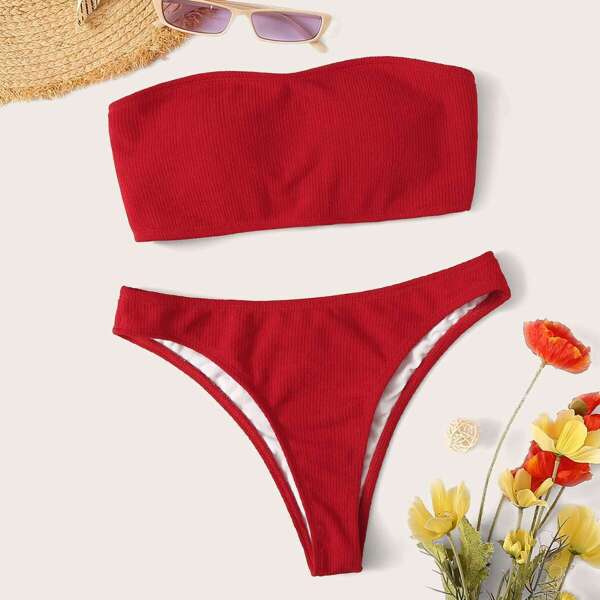 

Ribbed Lace-up Bandeau With High Cut Bikini Set