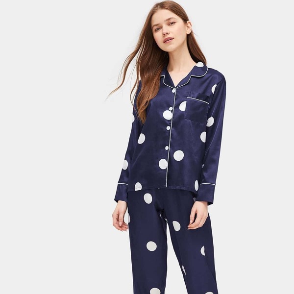 

Polka Dot Satin Pajama Set, Navy