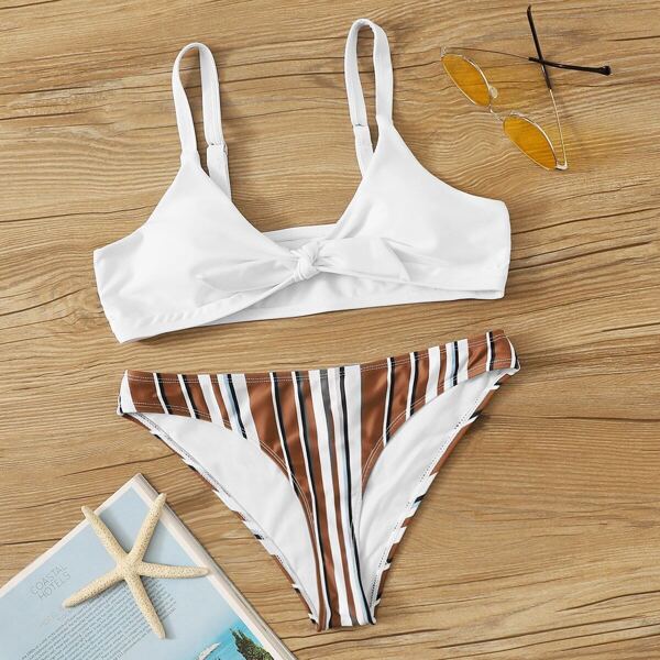 

Knot Front Top With Striped Panty Bikini Set, Multicolor