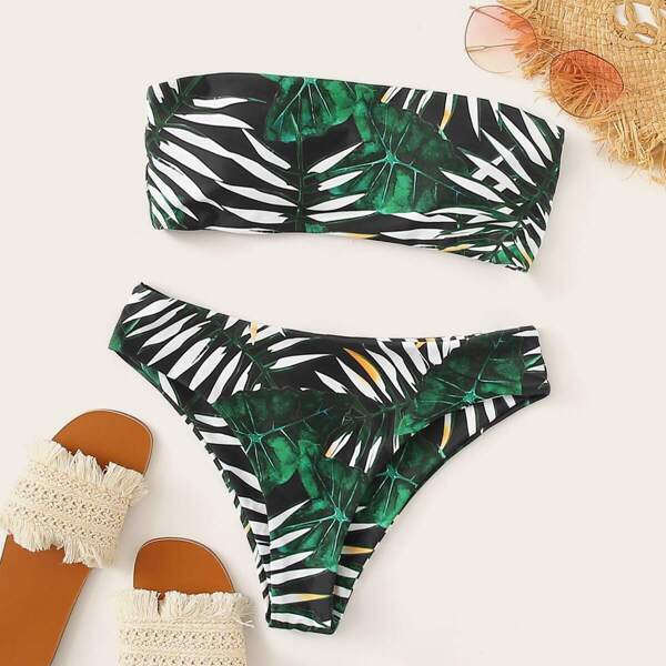 

Palm Print Bandeau Bikini Set, Multicolor