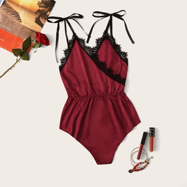 

Lace Trim Knot Detail Satin Teddy Bodysuit