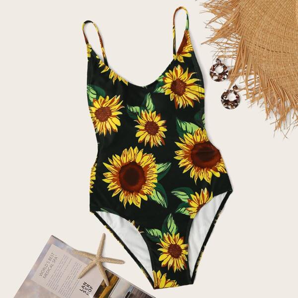 

Random Sunflower Print Backless One Piece Swimwear