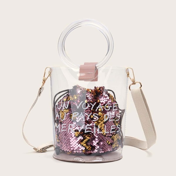 

Slogan Print Clear Bag With Sequins Inner Clutch