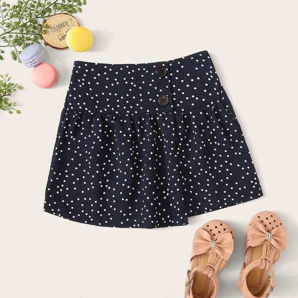 

Toddler Girls Polka Dot Print Buttoned Waist Skirt