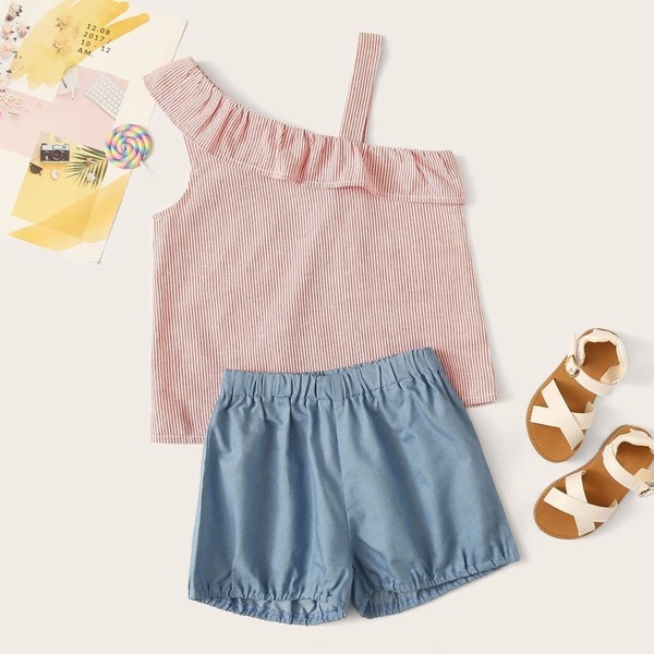 

Toddler Girls Asymmetric Neck Ruffle Striped Top & Shorts Set, Multicolor