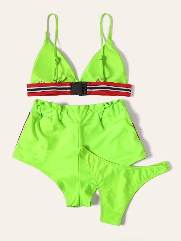 

Neon Lime Contrast Striped Trim 3piece Swimwear