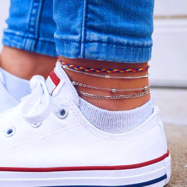 

Woven & Chain Anklet Set 4pack, Multicolor
