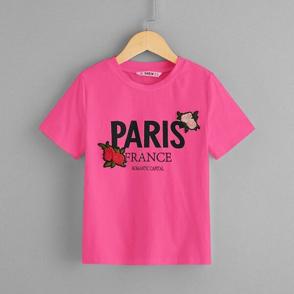 

Girls Letter Print Flower Embroidered Tee