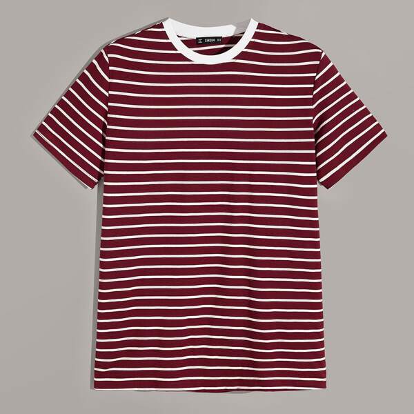 

Men Contrast Neckline Striped Tee, Burgundy