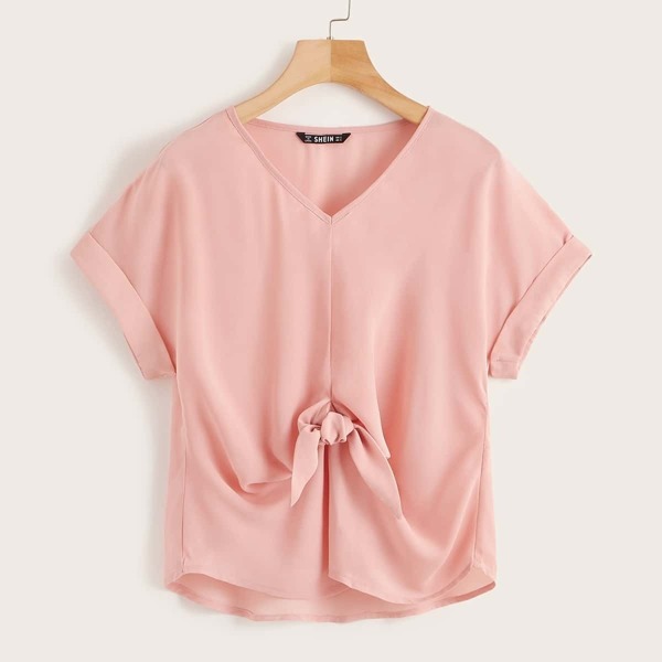 

Cuffed Sleeve Knot Front Top