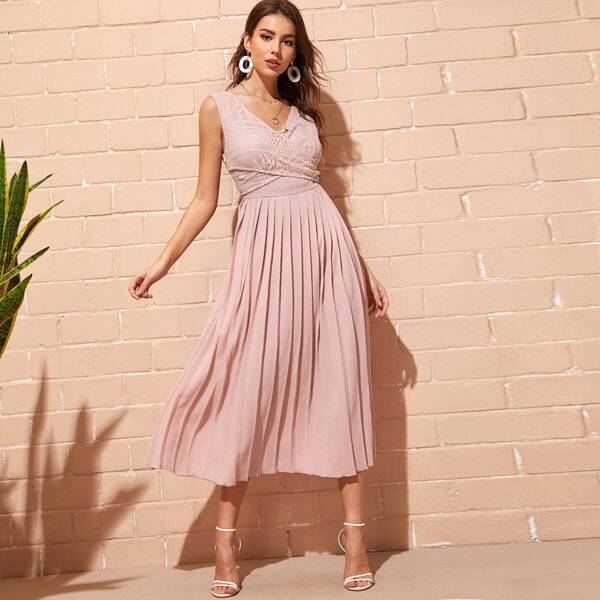 

Criss-cross Wrap Lace Bodice Pleated Dress, Pink