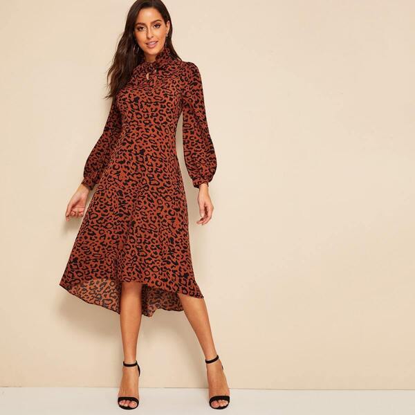 

Leopard Print Frilled Tie Neck Dip Hem Dress