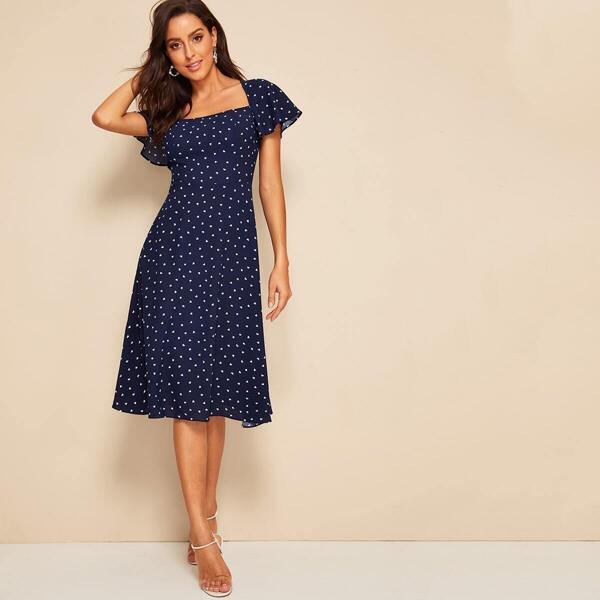 

Heart Print Flutter Sleeve Tie Back Dress, Navy