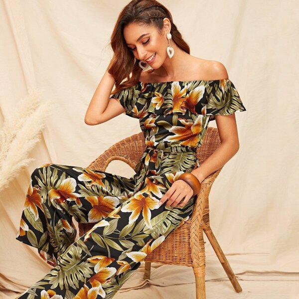 

Flounce Foldover Off Shoulder Wide Leg Jumpsuit, Multicolor