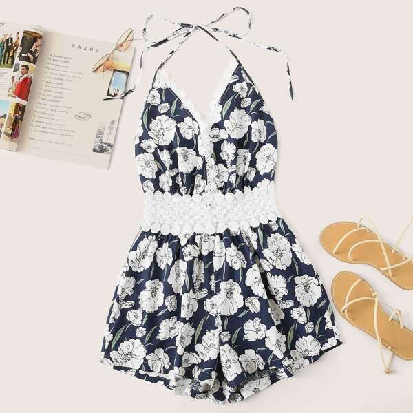 

Halter Contrast Guipure Lace Floral Print Romper, Multicolor