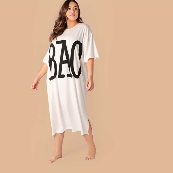 

Plus Drop Shoulder Letter Print Split Nightdress, White