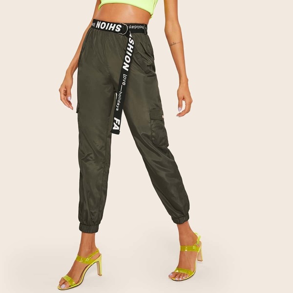 

Flap Pocket Side Elastic Hem Belted Crop Pants