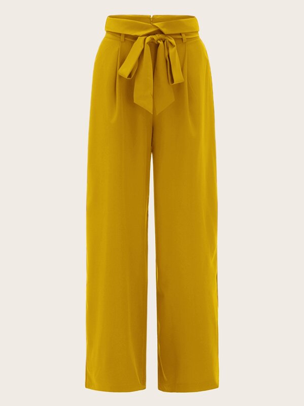 

Notch Wide Waist Self Belted Palazzo Pants, Yellow