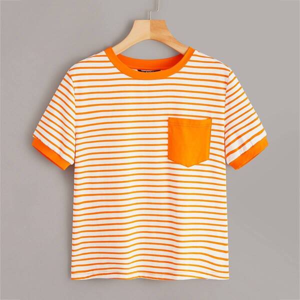 

Striped Print Pocket Patch Ringer Tee, Multicolor