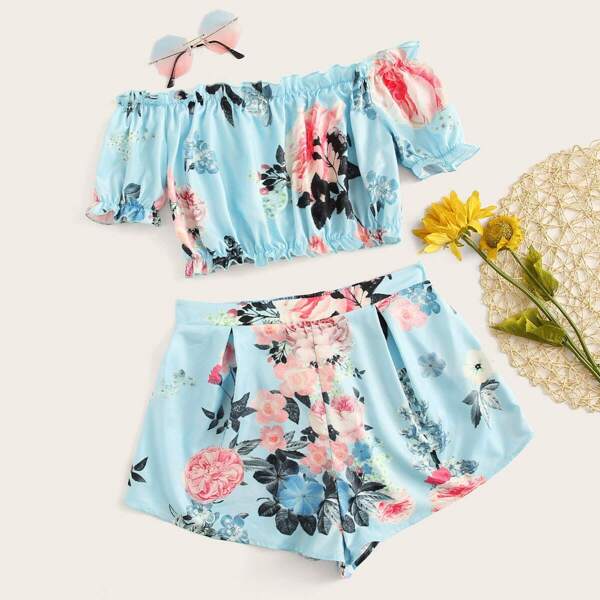 

Frill Elastic Trim Floral Print Crop Top & Shorts Set