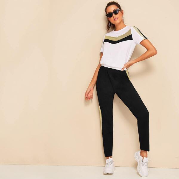 

Chevron Tee and Contrast Sideseam Pants Set, Black and white