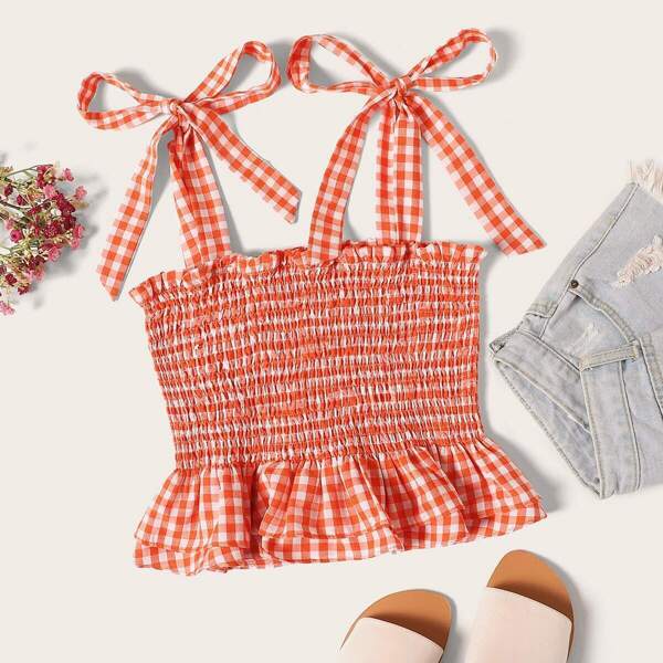 

Self Tie Shoulder Gingham Shirred Top, Orange
