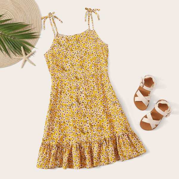 

Girls Shirred Knot Shoulder Ditsy Floral Slip Dress, Yellow