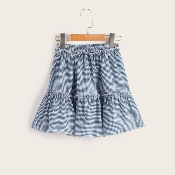 

Girls Frill Trim Ruffle Hem Gingham Skirt, Blue