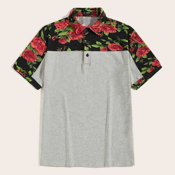 

Men Rolled Cuff Colorblock Floral Polo Shirt